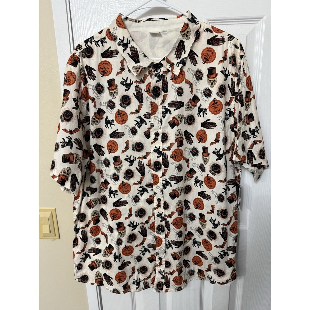 NWT SPIRIT Adult Vintage Short Sleeve Button Up Halloween Spooky Shirt Size XL
